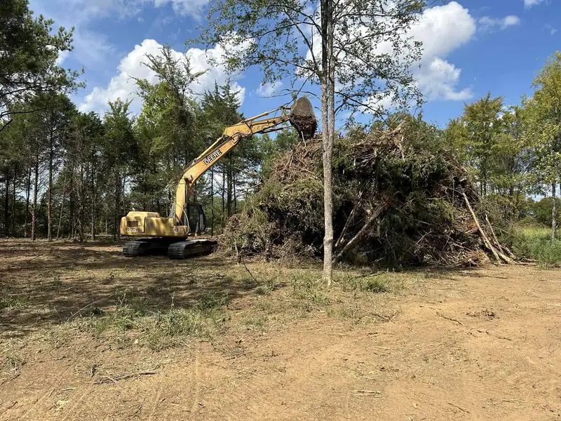 Excavator stacking cleared brush into a pile
