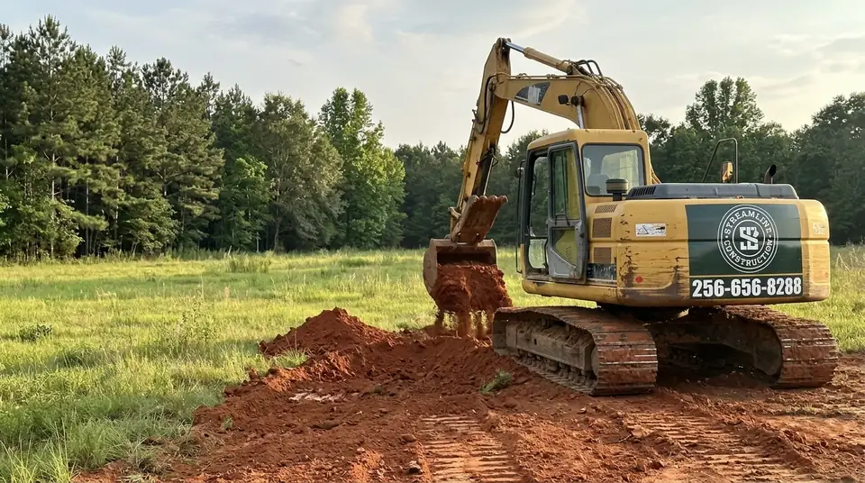 Streamline Construction excavator with the company logo and phone number 256-905-7777, digging red clay in a field in North Alabama